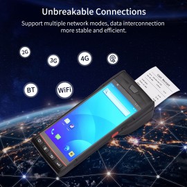 Handheld POS Receipt Printer Android 9.0 PDA Terminal 1D/2D/QR Barcode Scanner Support Global Position System 4G WiFi BT Communication with 5.5 Inch Touchscreen Label Printing for Supermarket Restaurant Warehouse Retail Inventory Logistics